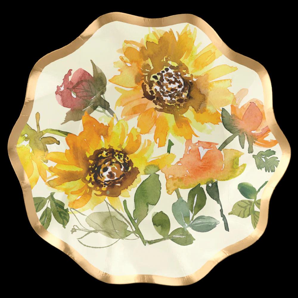 Sunflower Paper Appetizer &amp; Dessert Bowl (8pcs), featuring ruffled foil edges and a painted sunflower design, perfect for elegant events.