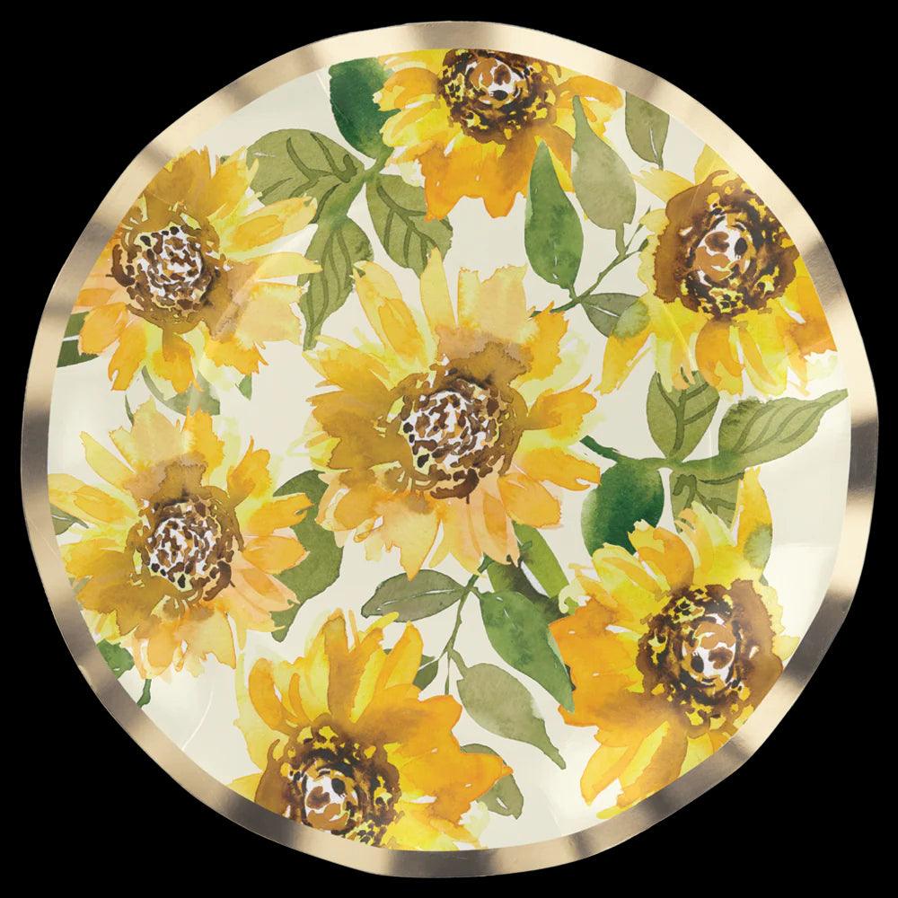 Sunflower Paper Salad &amp; Dessert Plate- 8 Per Package: A ruffled foil edge plate featuring a sunflower design, perfect for adding elegance to any event.