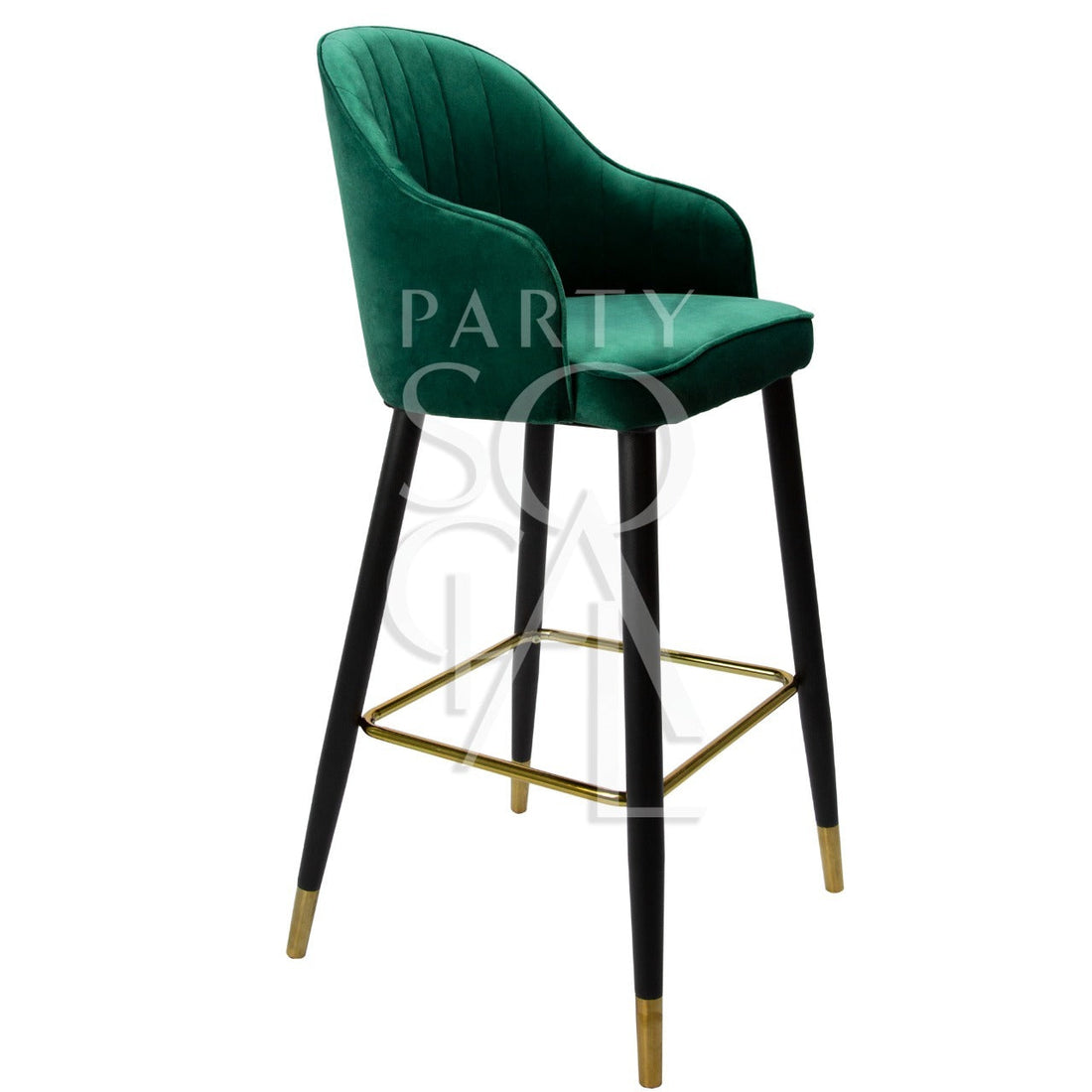 VELVET STOOL ROYAL GREEN with sleek black and gold legs, ideal for elegant events and versatile settings, available at Party Social for rental or purchase.