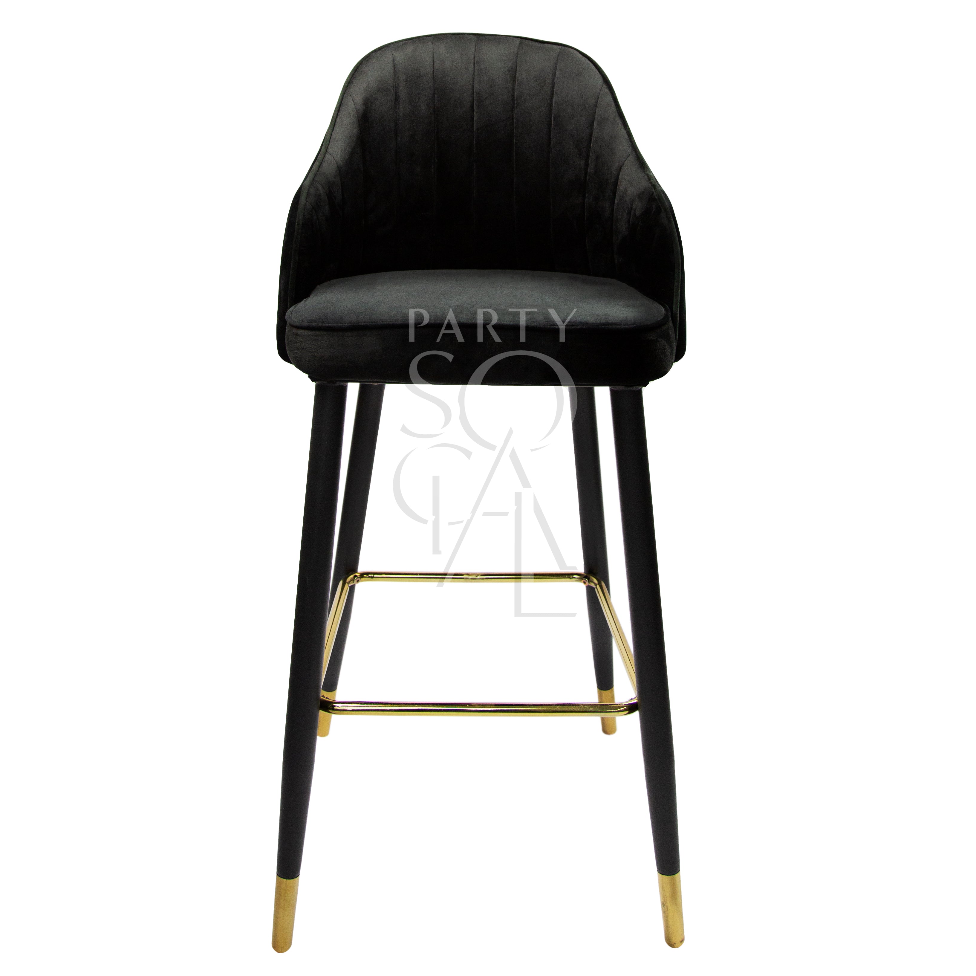 VELVET STOOL BLACK with sleek gold legs, ideal for stylish events, offering a modern touch to weddings or corporate functions.