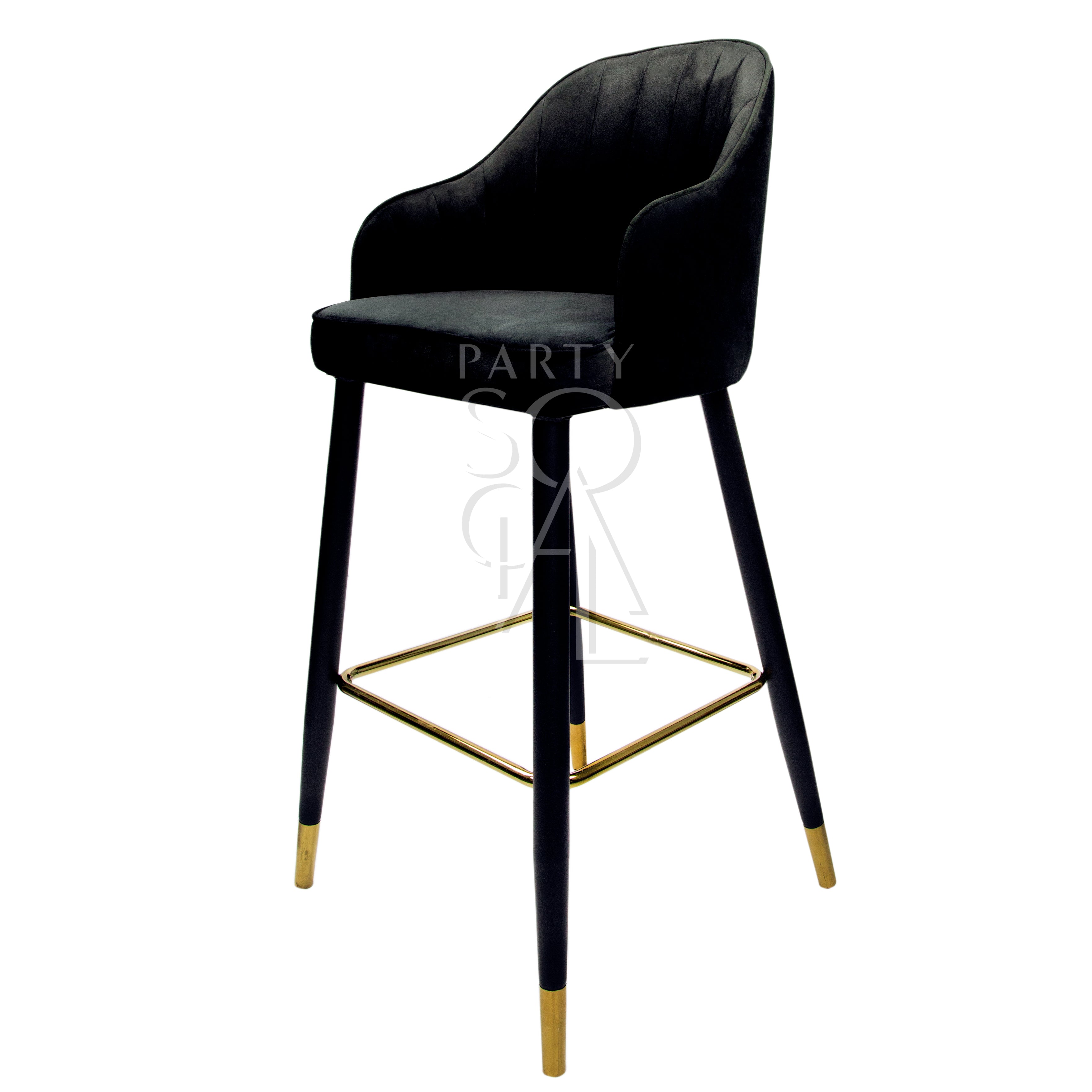 VELVET STOOL BLACK: A stylish modern stool with black velvet fabric and gold legs, ideal for enhancing wedding or corporate event settings.