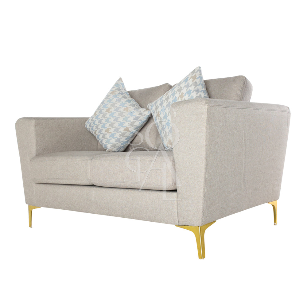 SAND FABRIC SOFA 2-SEATER with pillows, ideal for lounge settings, features a modern design in dark sand fabric, perfect for events or home decor.