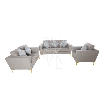 SAND FABRIC SOFA 2-SEATER: Modern, dark sand fabric sofa ideal for lounge seating, featuring plush pillows and a sleek design. Perfect for stylish event settings.