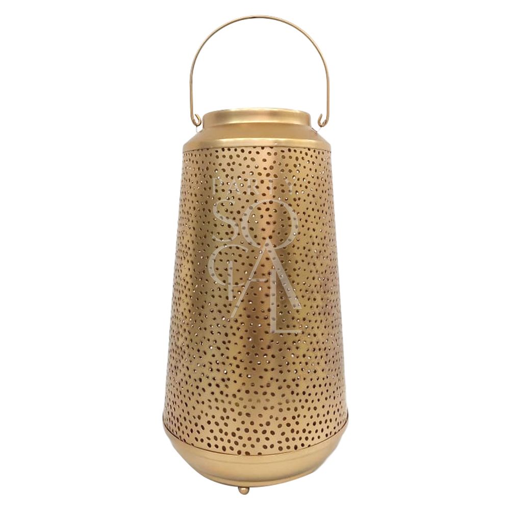 Vintage Gold Lantern with decorative holes, ideal for candle lighting, 35cm tall, suitable for party and event settings.