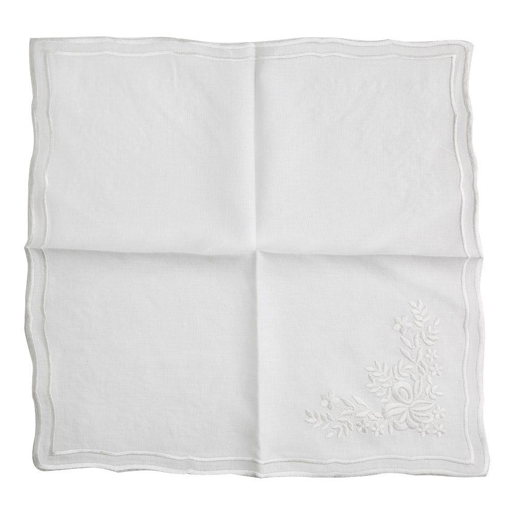 White Vintage Pure Linen Dinner Napkin with Floral Design - Set of 2