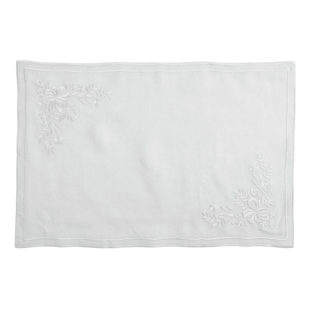 White Vintage Pure Linen Placemat with embroidered floral corners, ideal for elegant table settings, available in a pack of two from Party Social.