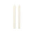 Two unlit white taper candles standing vertically side by side on a plain white background.