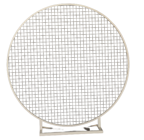 BACKDROP WHITE MESH: Circular mesh backdrop on a stand, ideal for decorating with balloons, flowers, or signage at events. Diameter: 200cm. Perfect for parties and celebrations.