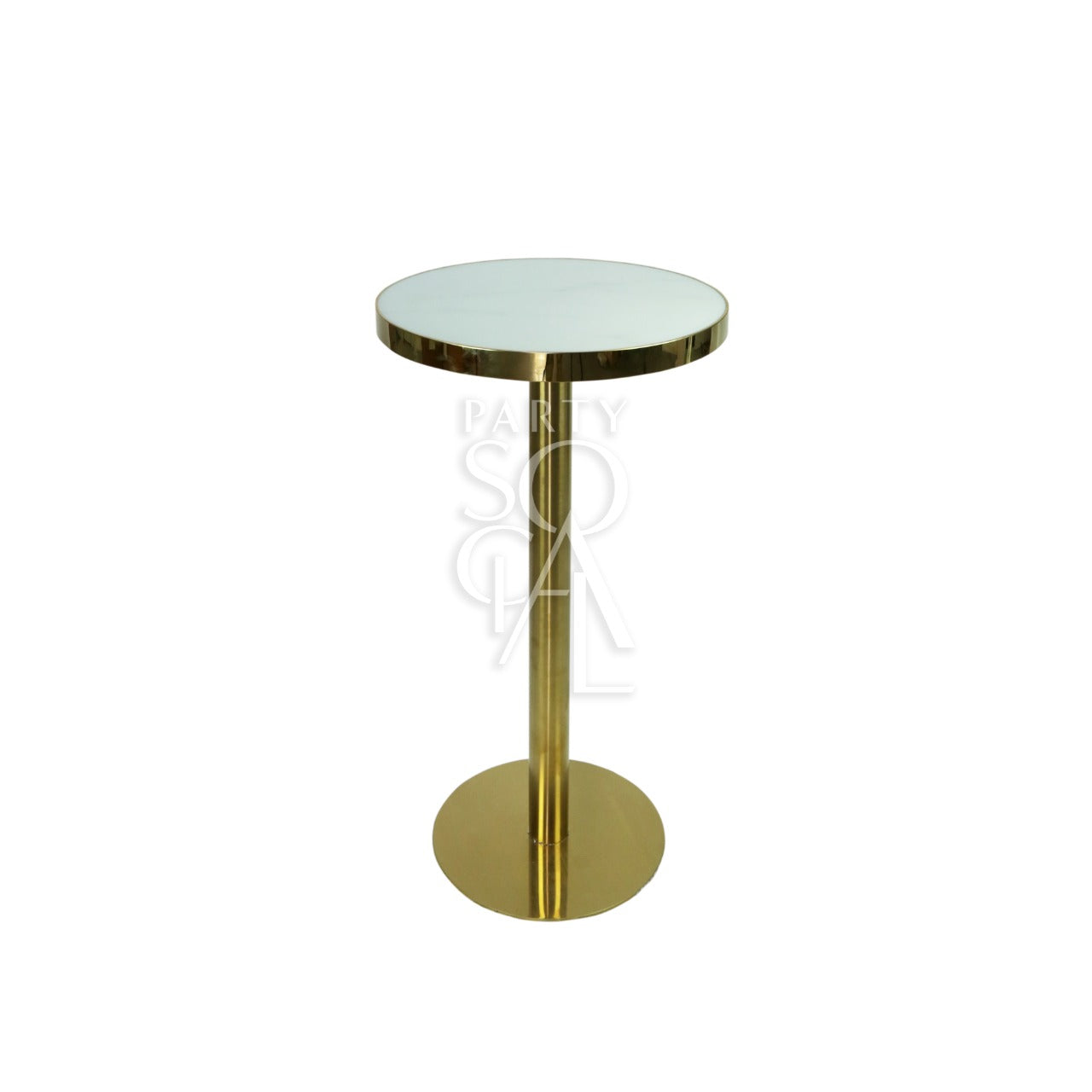 Gold Cocktail Table: Round with a white, marble-finished top and gold base, perfect for versatile event settings from Party Social&