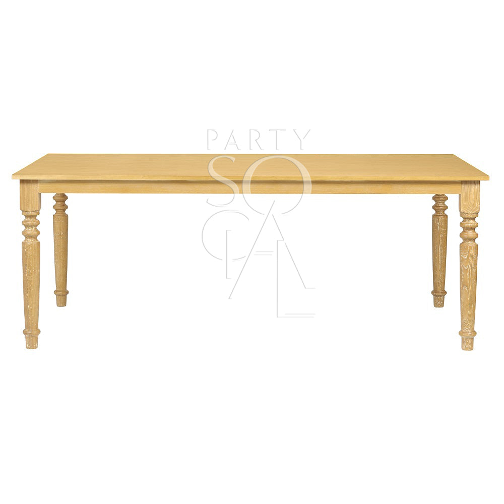 Wooden dining table with rounded corners, ideal for seating eight at events, aligning with Party Social&