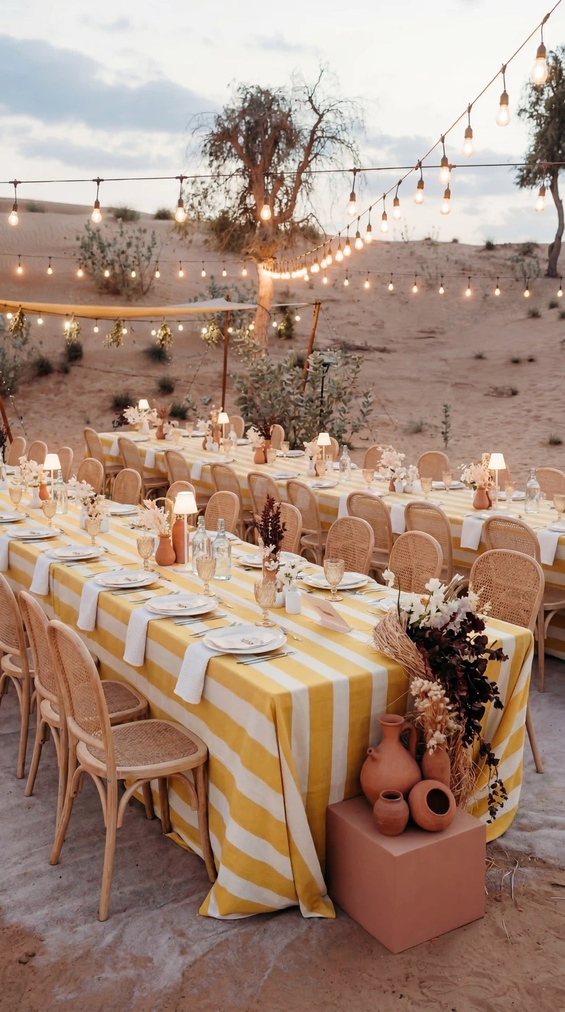 Yellow Stripe Linen Tablecloth graces a boho-chic desert banquet, draped over two long tables with rattan chairs, enhancing the outdoor dining ambiance.