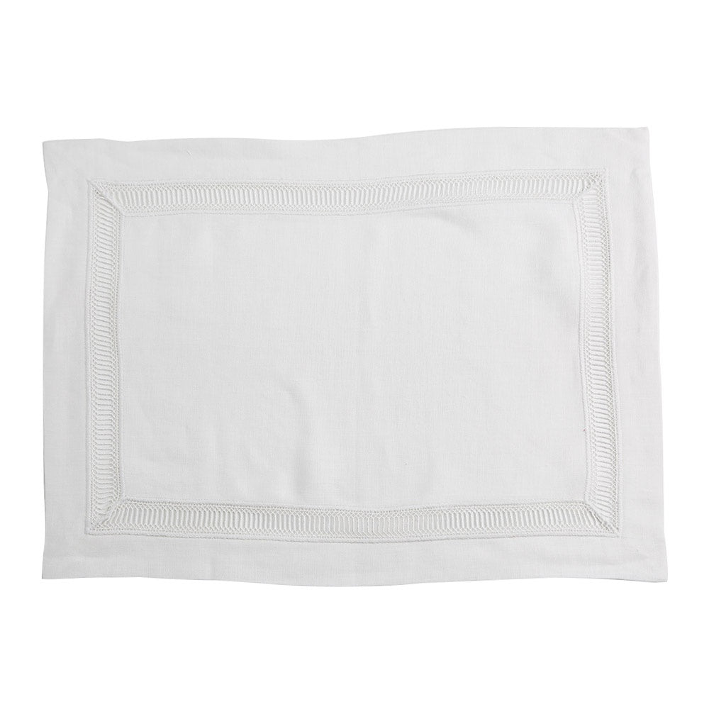 Classic Border Pure Linen Placemat - 2 per pack, a rectangular white cloth with a stitched edge for elegant table setups.