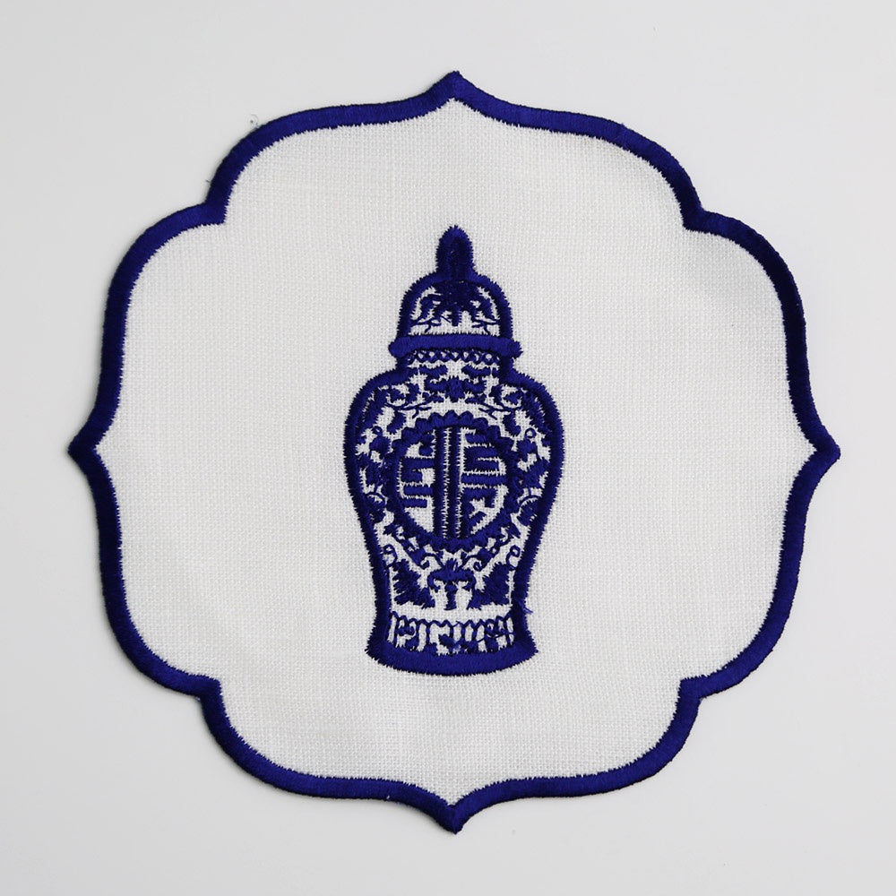 Blue Chinoiserie Pure Linen Coaster - an elegant embroidered emblem for your special table setups.
