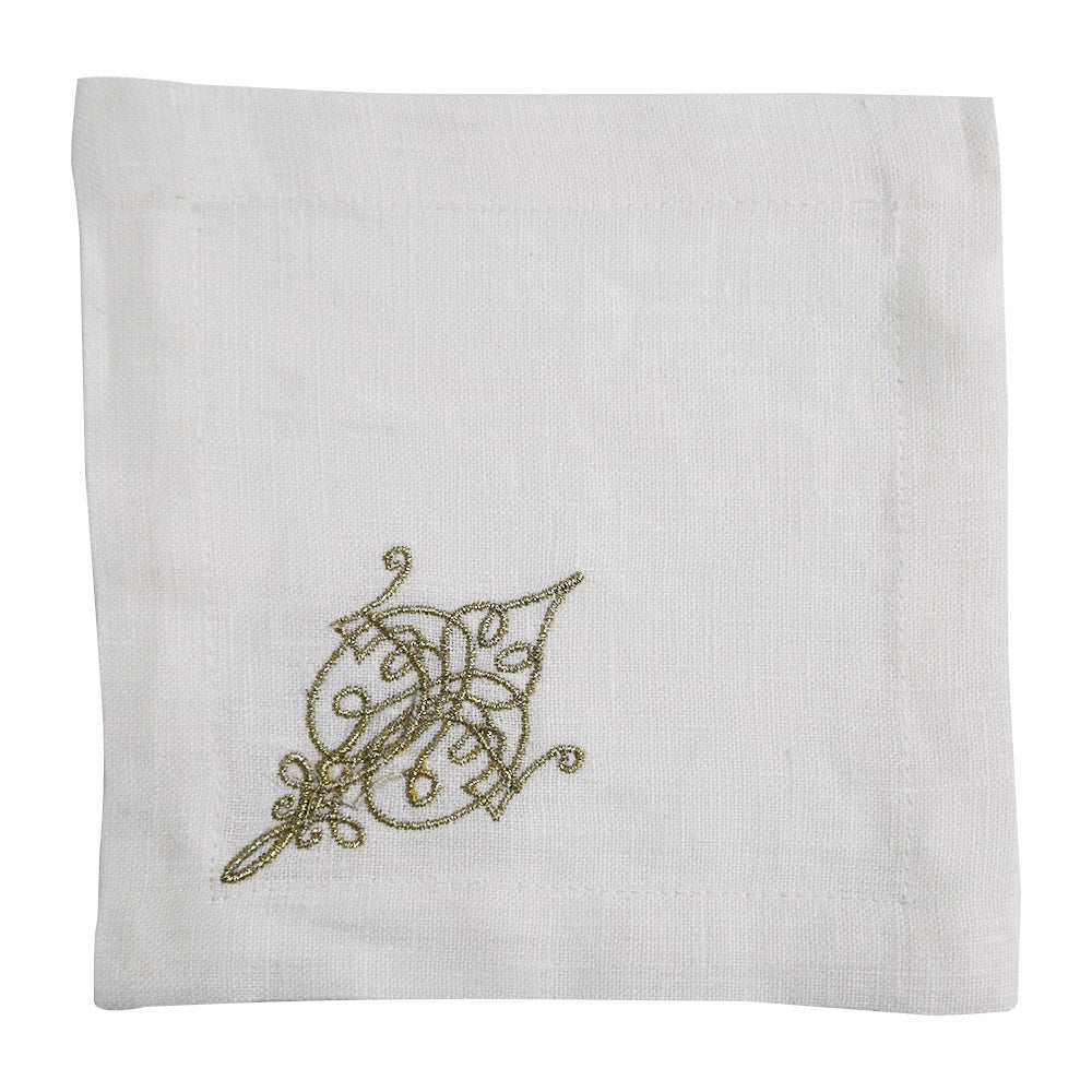 Ornament Pure Linen Coaster with gold embroidered design.