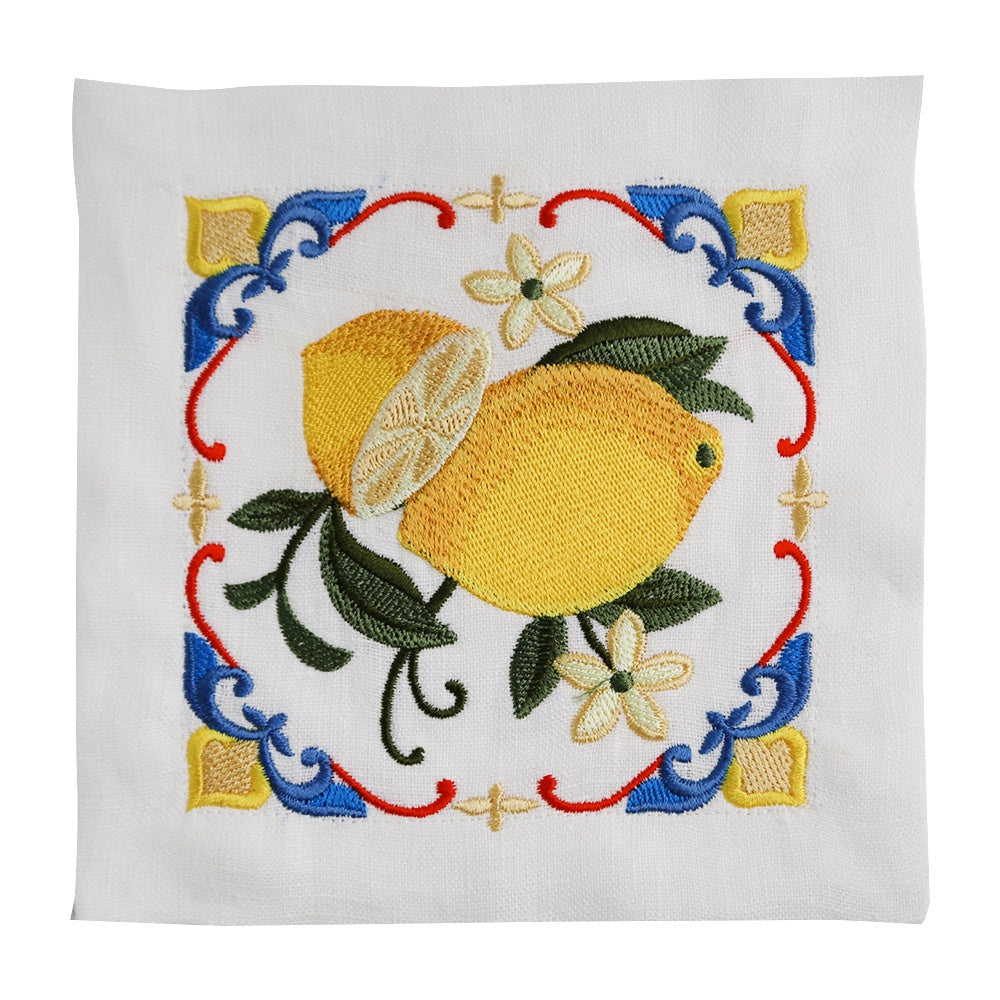 Majolica Lemon Pure Linen Coaster - 4 per pack, featuring embroidered lemons and flowers on white linen.