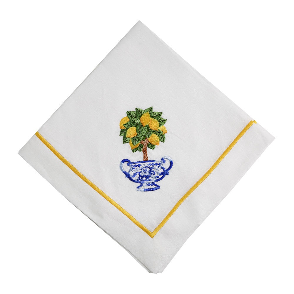 Lemoncello Pure Linen Dinner Napkin - 2 per pack, featuring an embroidered cup design on a white napkin.