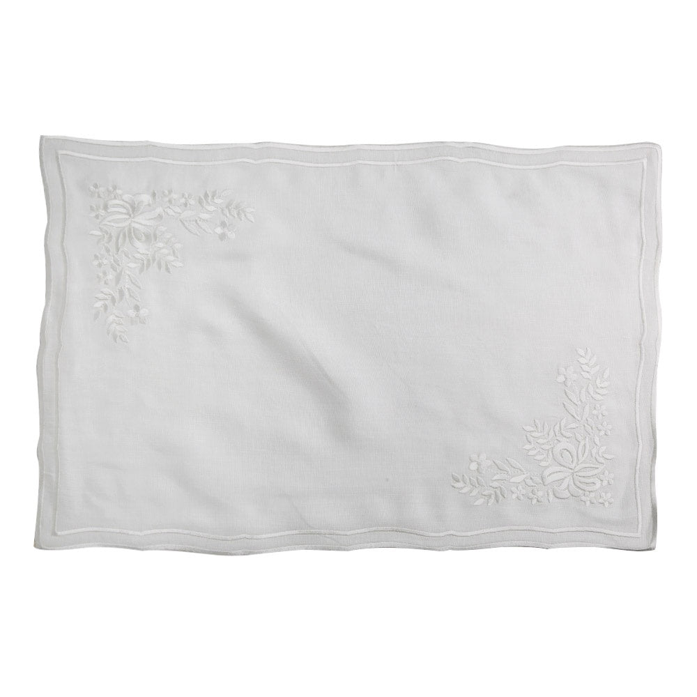 White Vintage Pure Linen Placemat with Floral Design - Set of 2