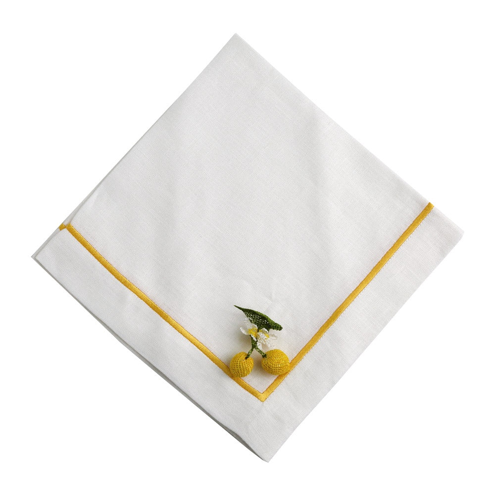 A white linen dinner napkin with yellow trim, perfect for adding elegance to your table setup. 2 per pack.