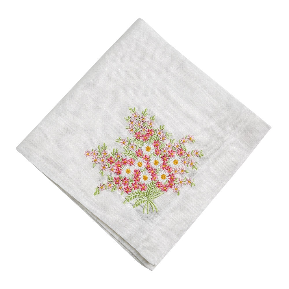Daisy Pure Linen Dinner Napkin with Floral Design. Elegant addition for special table setups. Made of pure linen, available in various colors and designs. Perfect for weddings, dinner parties, and special occasions. 2 per pack.