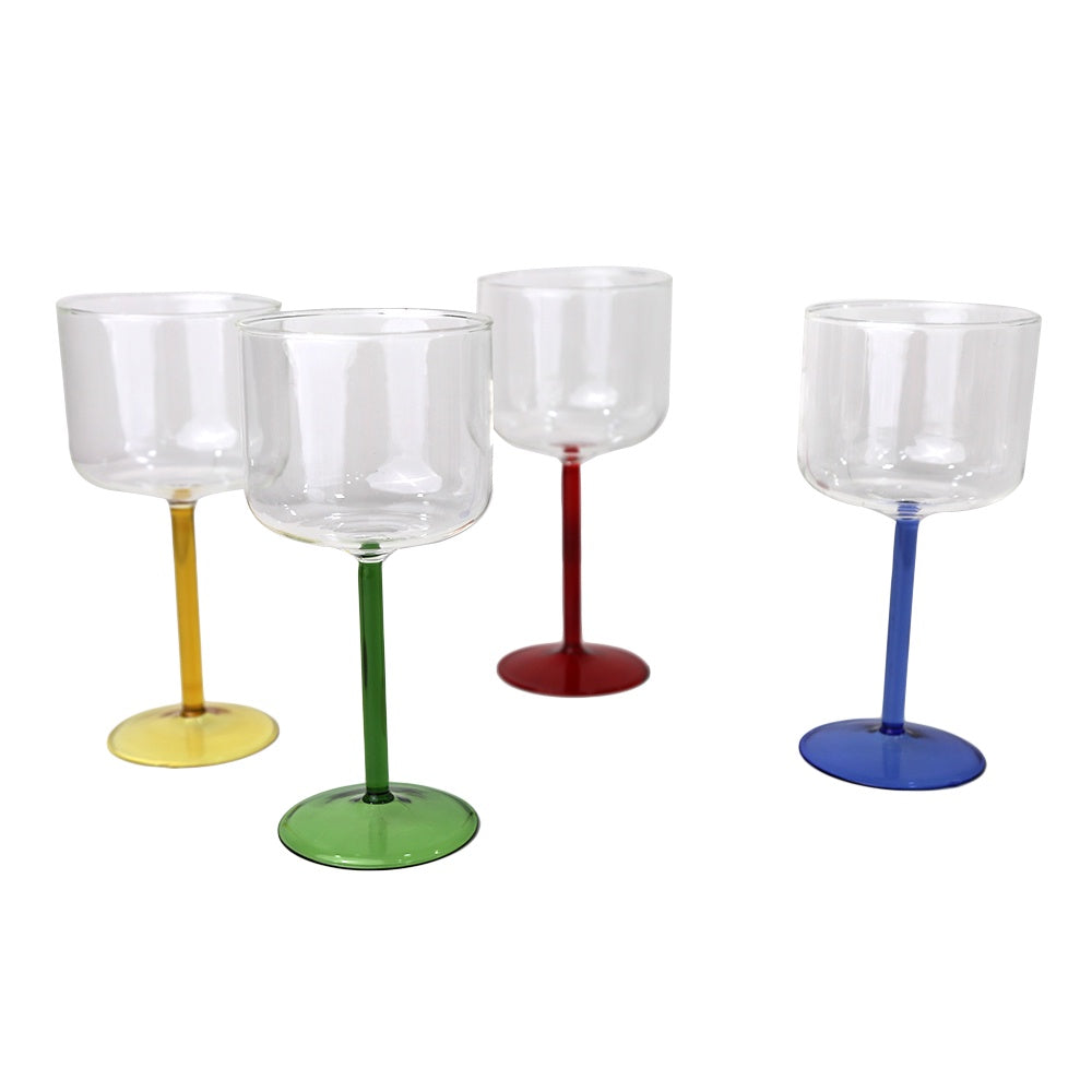 Color Stemmed Glass - 4 per box: A group of wine glasses with close-up details, perfect for any event or themed party.