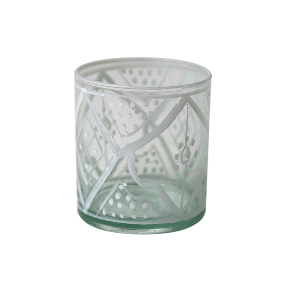 Marrakesh Patterned Low Tumbler Glass, a stylish glass candle holder with intricate design for elegant table settings.
