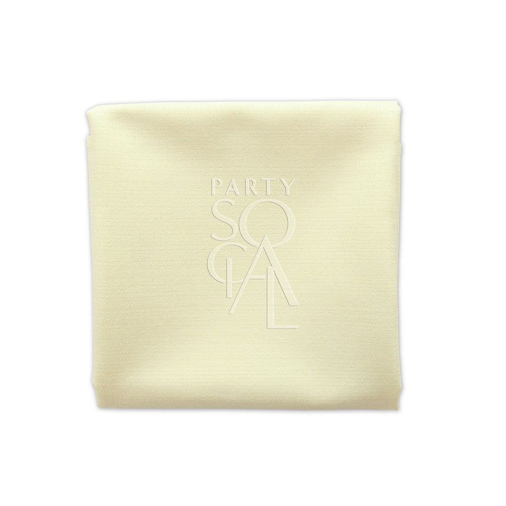 A premium linen blend napkin, ideal for events and dining. Available in various colors, sizes include Cocktail (25cm L x 25cm W) and Dinner (50cm L x 50cm W). Prices starting from 48 AED. Napkins from Party Social Dubai.
