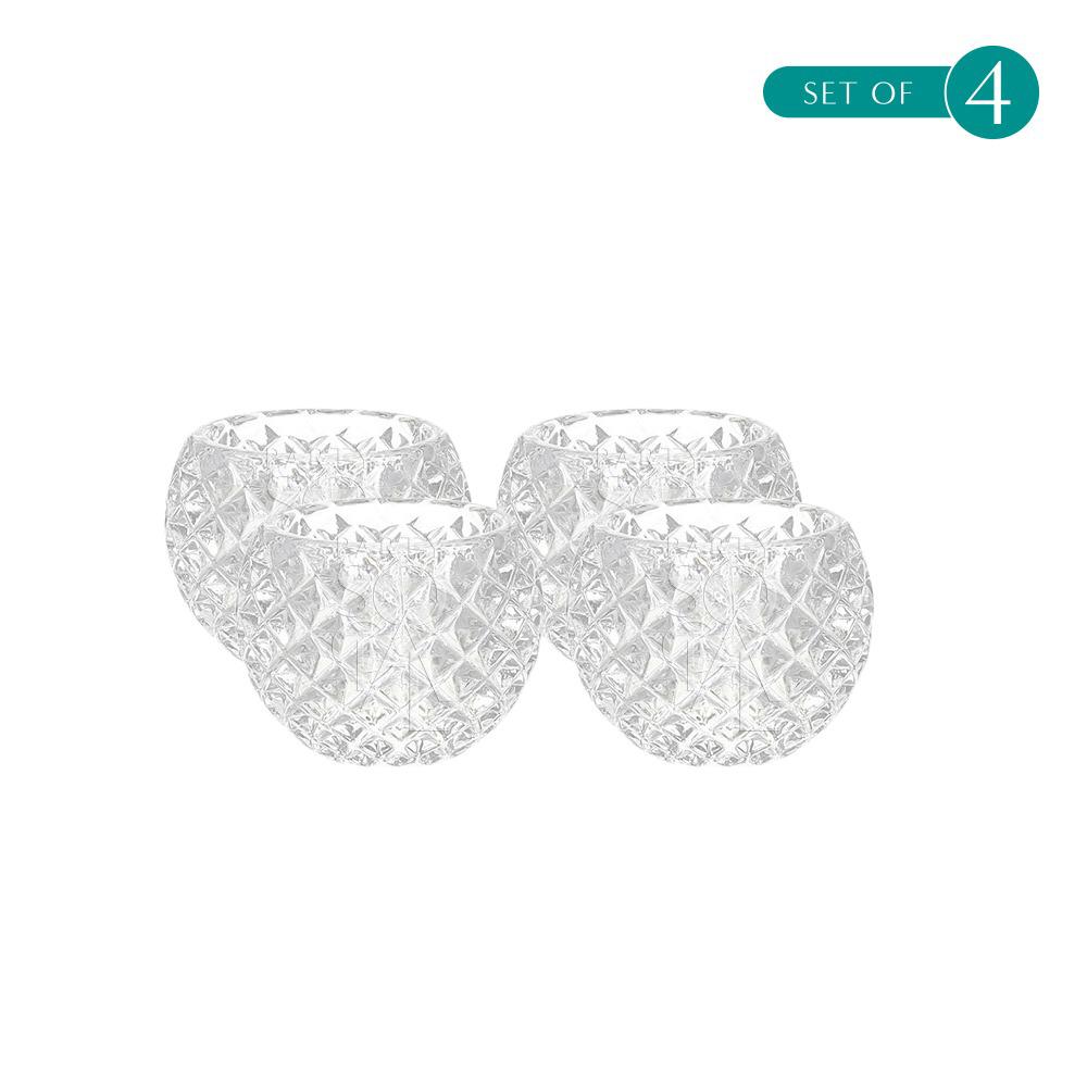Crystal Tea Light Candle Holder set of four, 6cm H x 6.5cm Dia. Elegant crystal glasses for parties and events. Candles sold separately. Perfect for weddings, birthdays, and special occasions. Tableware from Party Social Dubai.