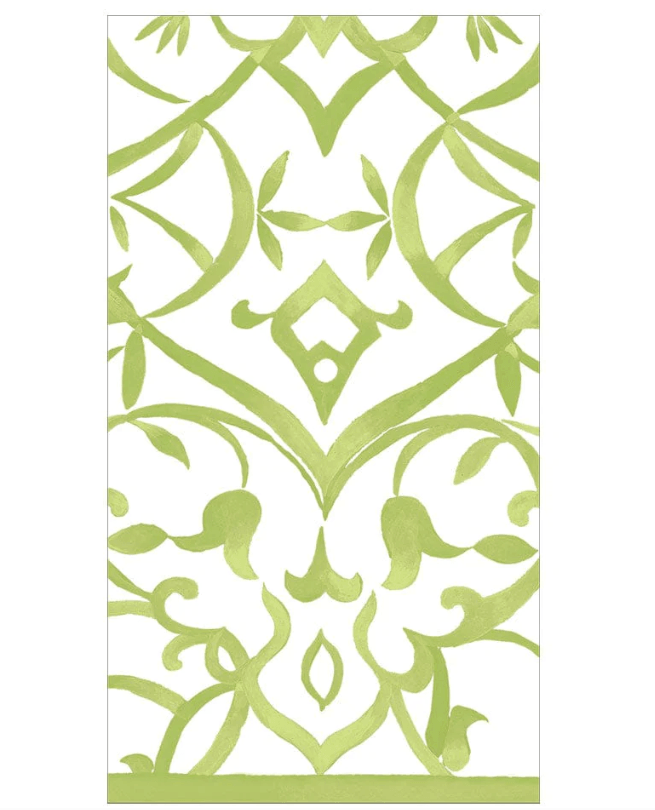Algarve Guest Towel Napkins - 15pcs per package, featuring a striking green and white pattern, perfect for elevating any occasion. Triple-ply tissue, printed with nontoxic dyes and food-safe ink. FSC-certified, biodegradable, and compostable.