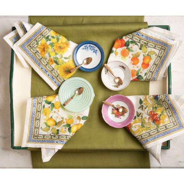 Amalfi Pure Linen Napkin-4 per pack displayed on platter with spoons and plates.