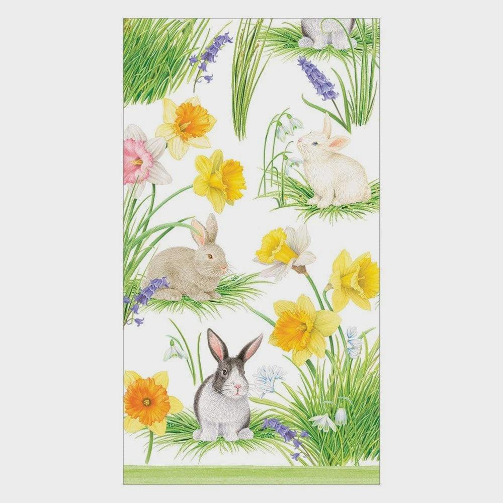 Bunnies and flowers on paper towel napkins, perfect for any occasion. Triple-ply, eco-friendly, and biodegradable. 15 per package.