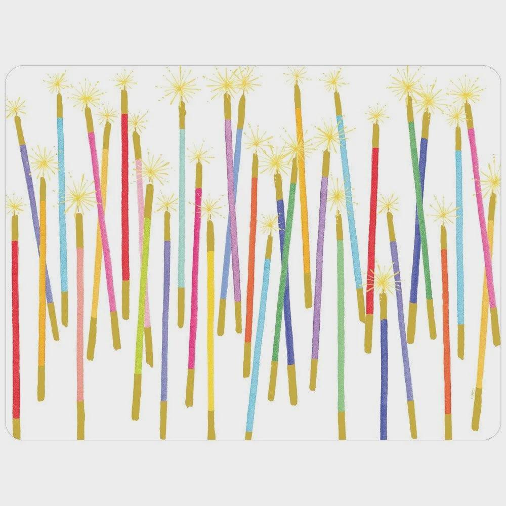 Colorful fireworks bursting in celebration on a paper placemat from the Birthday Candles Collection. Perfect for a lively birthday party table setup. 12 per package.