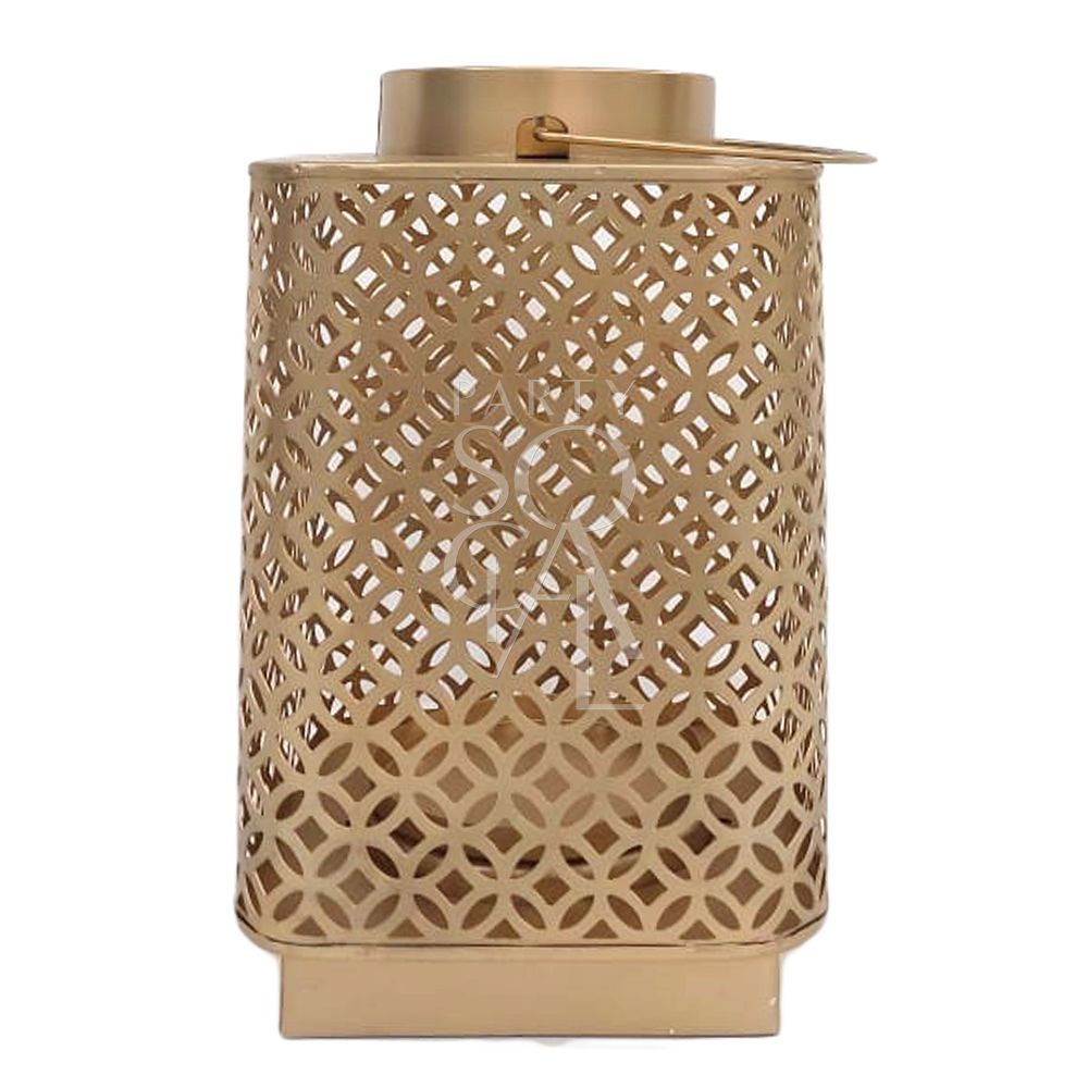 Gold Square Lantern candle holder with lid, cylinder shape. Perfect for lighting up events and parties. Dimensions: 30cm H x 18cm W. Tableware rentals from Party Social Dubai.