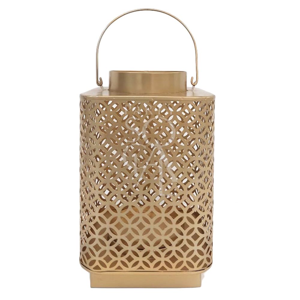 Gold square lantern with handle, perfect for events. Requires candle for illumination. Dimensions: 30cm H x 18cm W. Ideal for weddings, parties, and special occasions. Tableware rentals from Party Social Dubai.