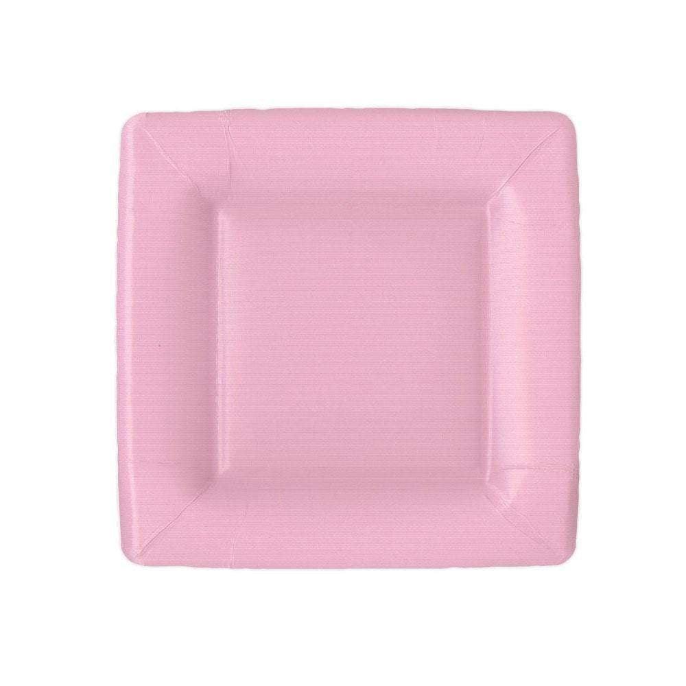 Pink Grosgrain Square Paper Salad & Dessert Plate, resembling fine porcelain, designed for elegant table settings. Includes 8 durable, high-quality plates per package.