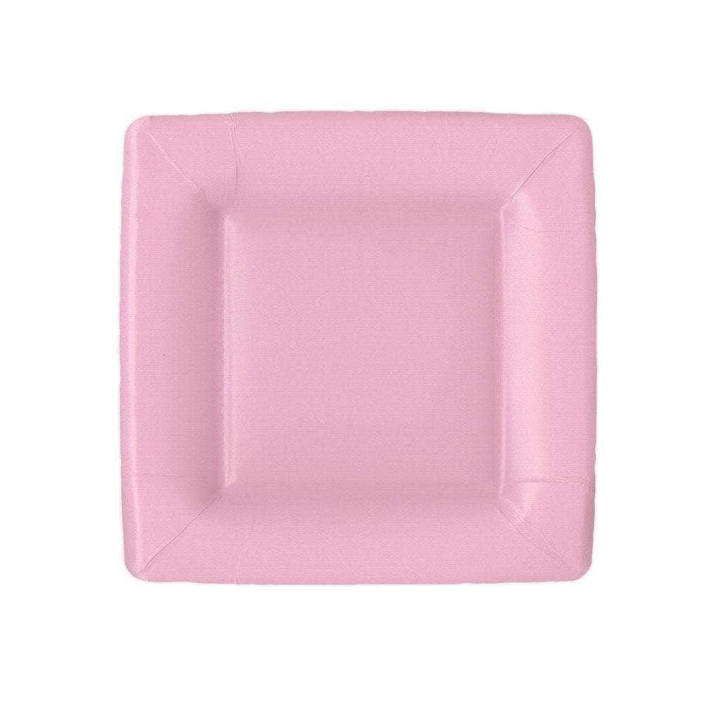 Pink Grosgrain Square Paper Salad &amp; Dessert Plate, resembling fine porcelain, designed for elegant table settings. Includes 8 durable, high-quality plates per package.