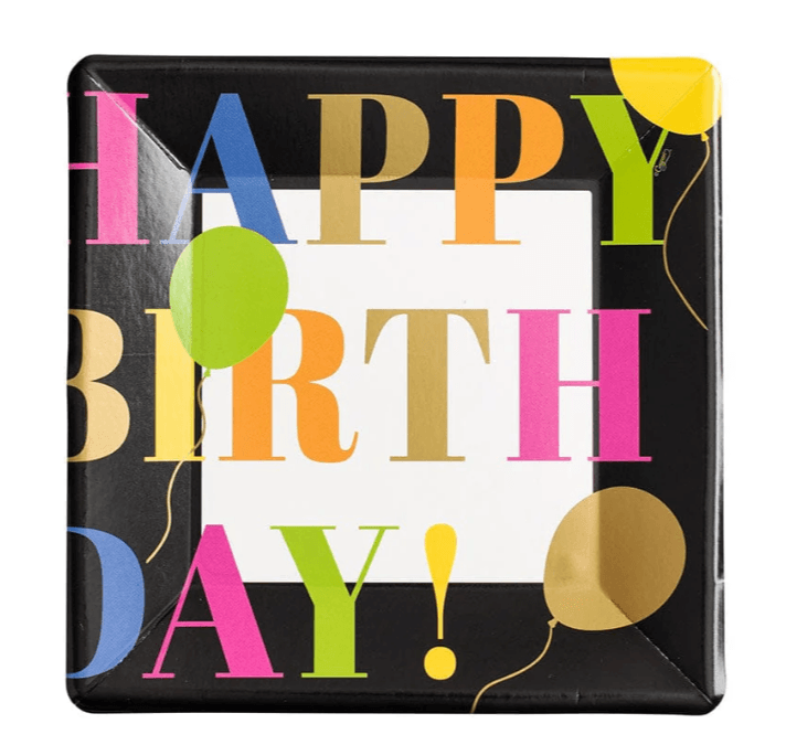 Happy Birthday Salad & Dessert Plate with colorful text on a black square frame. Elevate your table setting with this elegant paper dinnerware.