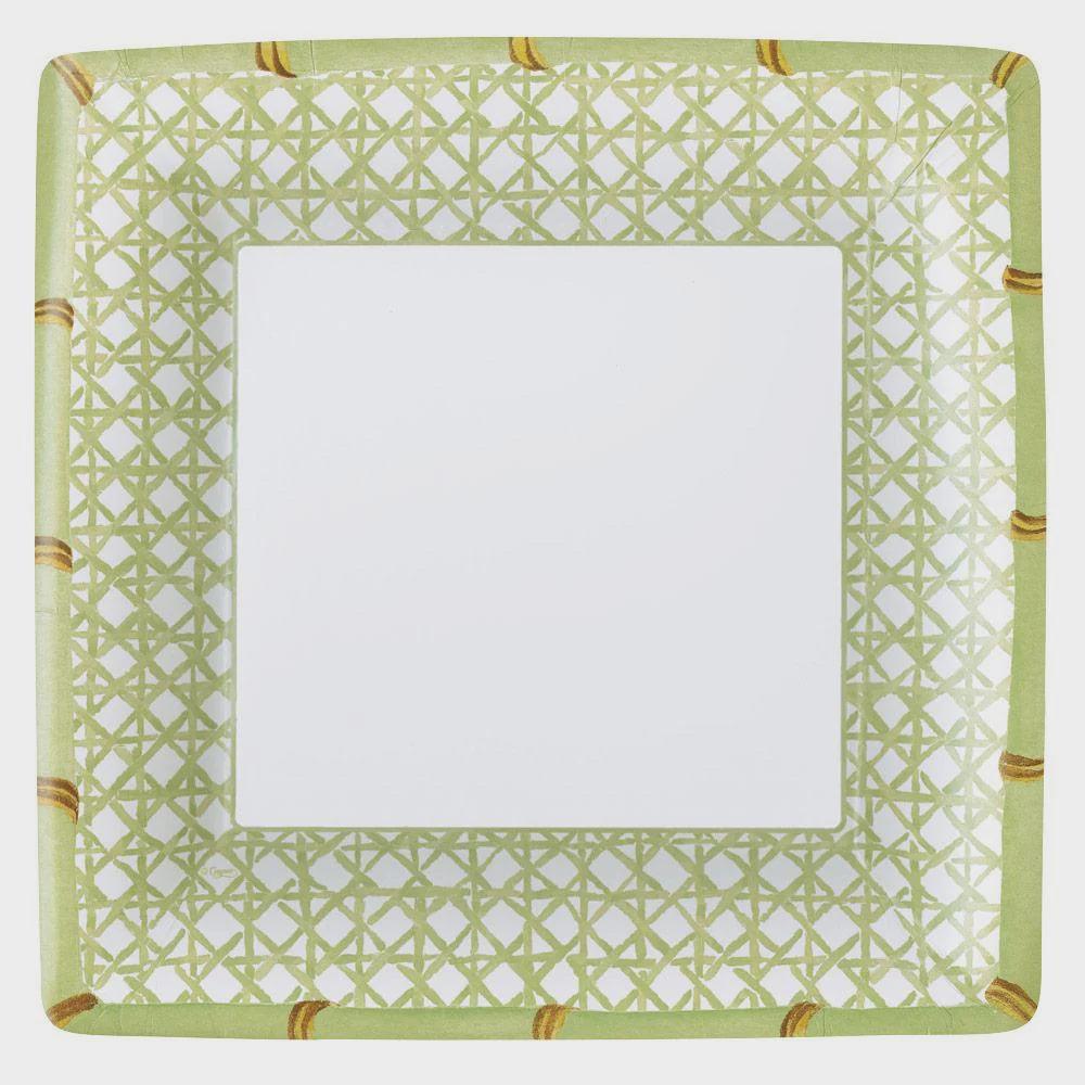 Holly Trellis Paper Dinner Plates - a square plate with a green and white border, featuring stunning artwork, elevating table settings with effortless cleanup and care-free use.