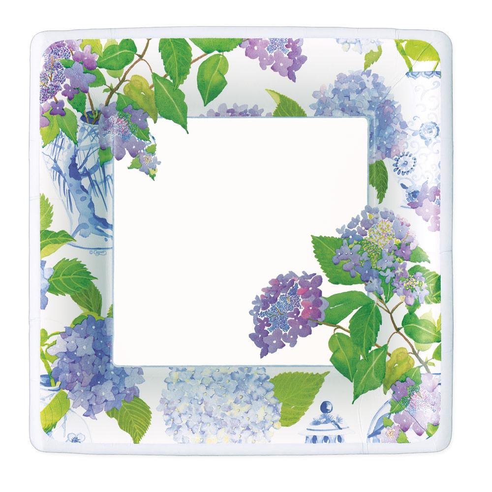 Hydrangeas and Porcelain Square Paper Dinner Plates - 8 Per Package, featuring a floral design resembling fine porcelain, ideal for elegant yet easy party settings.