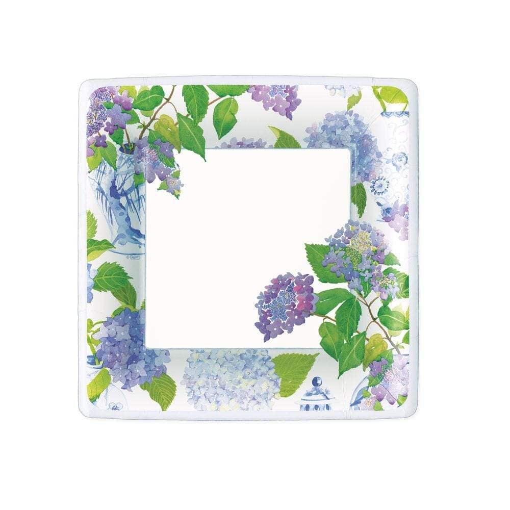 Hydrangeas and Porcelain Square Paper Salad & Dessert Plates - 8 per package, featuring a floral design with flowers and leaves, resembling fine porcelain dinnerware.