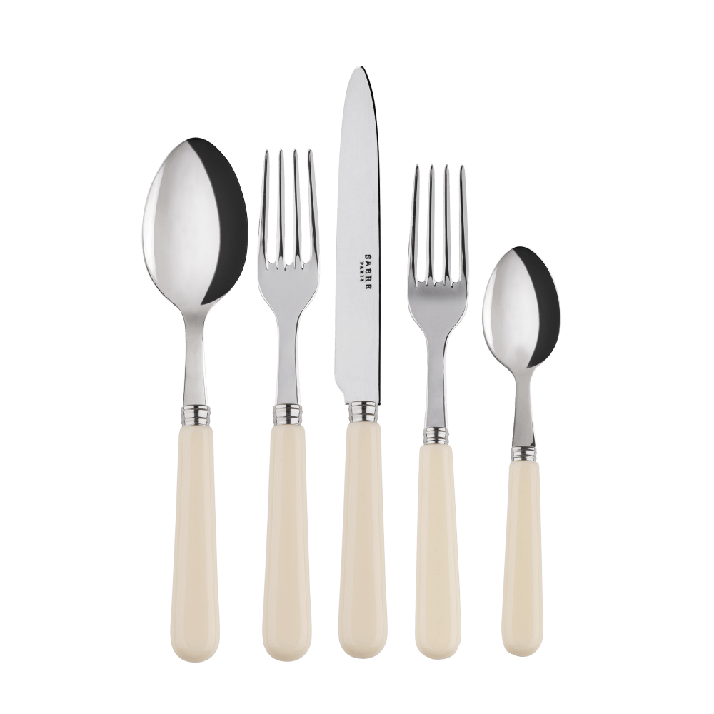 Ivory Cutlery Set of 5: A stylish kitchen utensil with a fork, knife, and spoon. Perfect for any table setup.