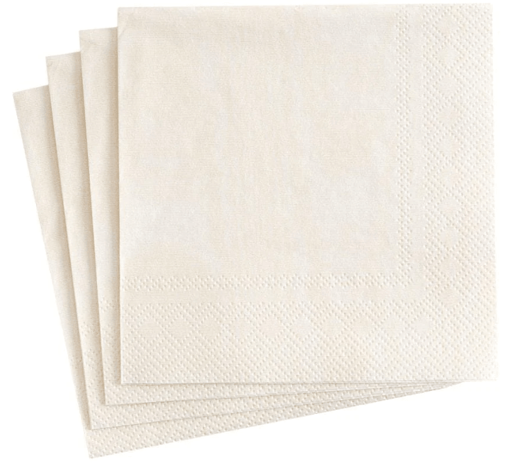 A stack of Caspari Moiré Paper Luncheon Napkins in Ivory - 20 Per Package. Triple-ply, eco-friendly, and printed with non-toxic dyes.