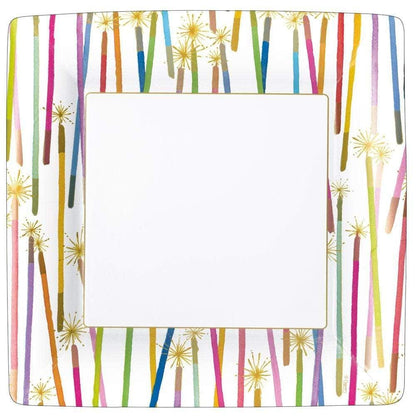 Party Candles Square Paper Dinner Plates - 8 Per Package: Colorful striped plate with gold sparklers, adding elegance to any table setting.