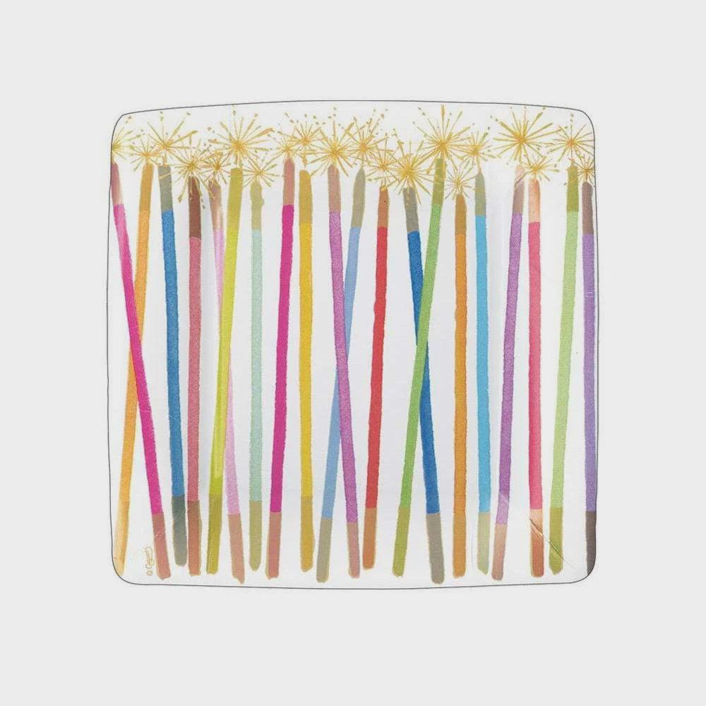 Colorful sticks arranged on a square paper plate, perfect for salads and desserts. Elevate your table setting with Caspari&