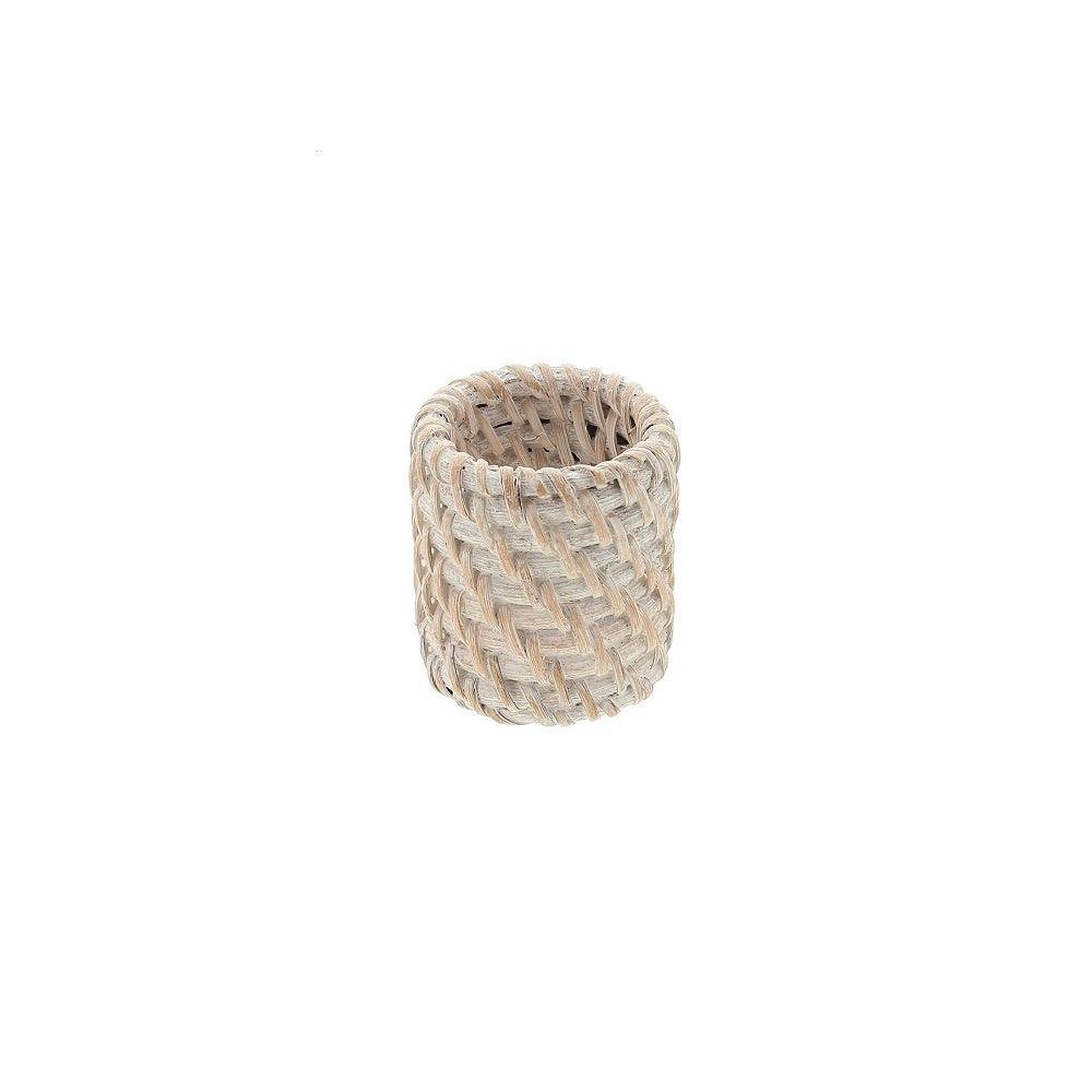 Rattan round napkin ring, close-up of woven object and rope on a white background.