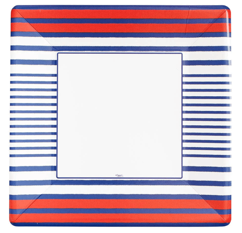 Red and blue striped dinner plates, resembling fine porcelain, elevate any table setting. Effortless cleanup and care-free use. 8 per package.