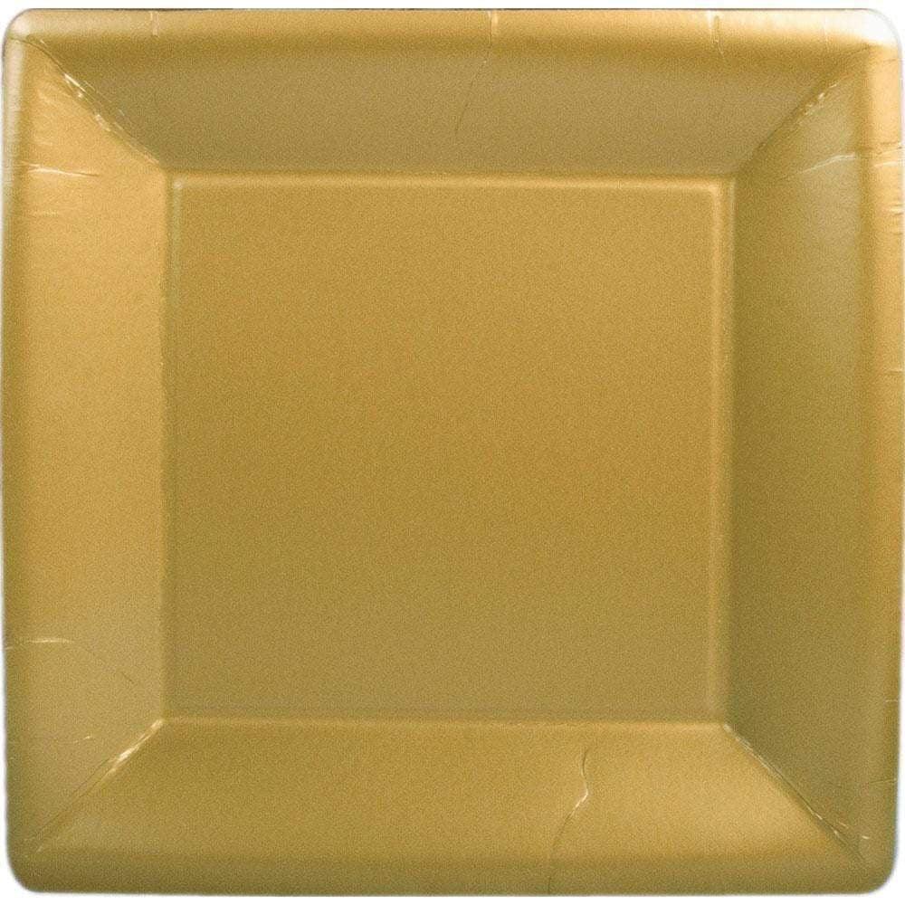 A square gold paper plate with a crack, perfect for elegant table settings.