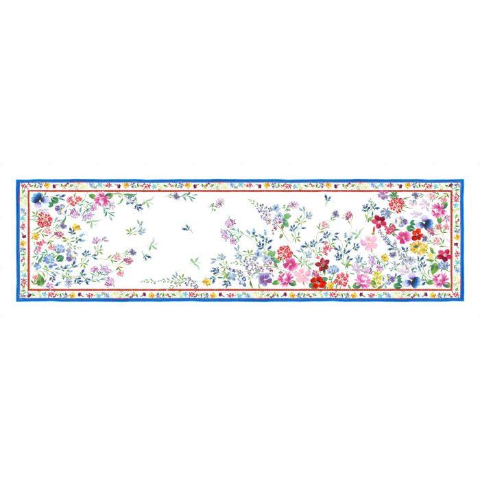 Floral pattern linen runner for elegant table settings.